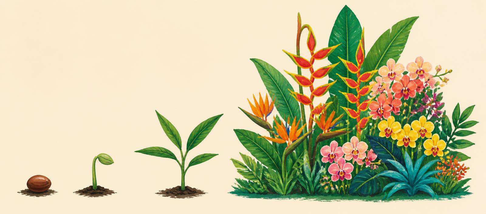 Ilustración botánica: una semilla crece hasta convertirse en un jardín de flores tropicales colombianas