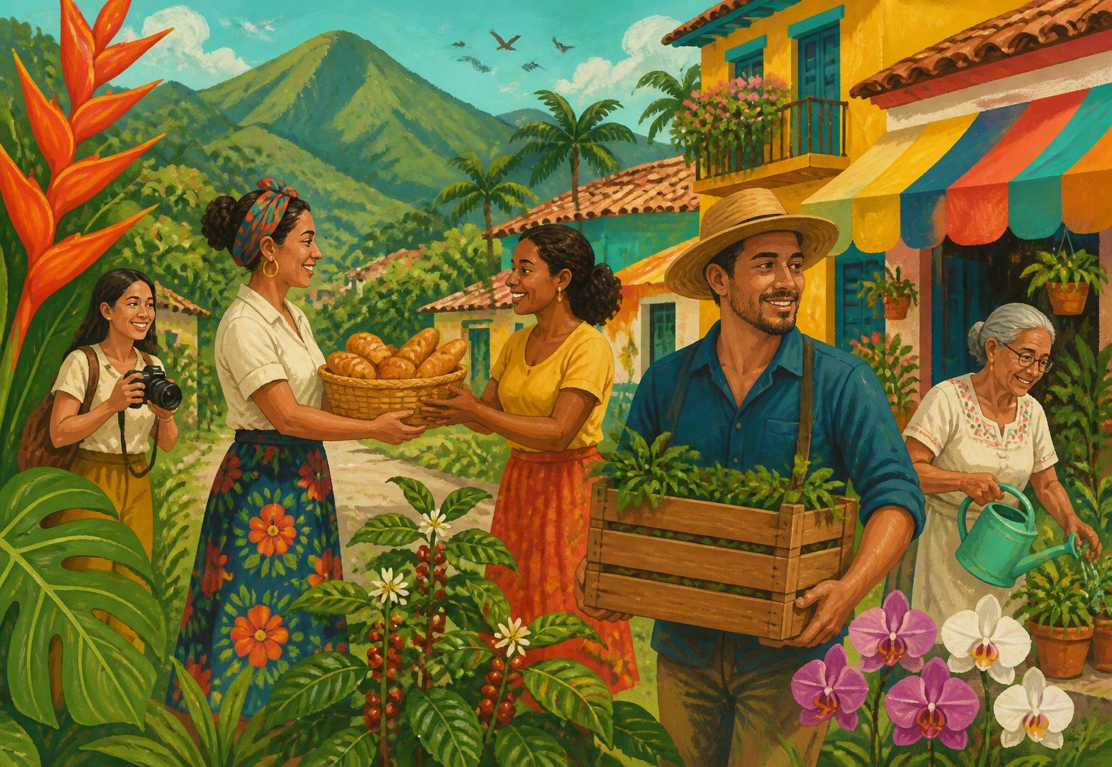 Ilustración de personas colombianas diversas ayudándose entre casas de colores, negocios locales, flores tropicales y montañas